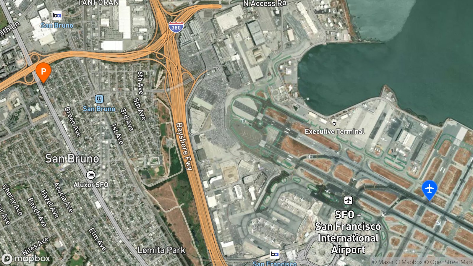 Satellite view of hotel and SFO airport