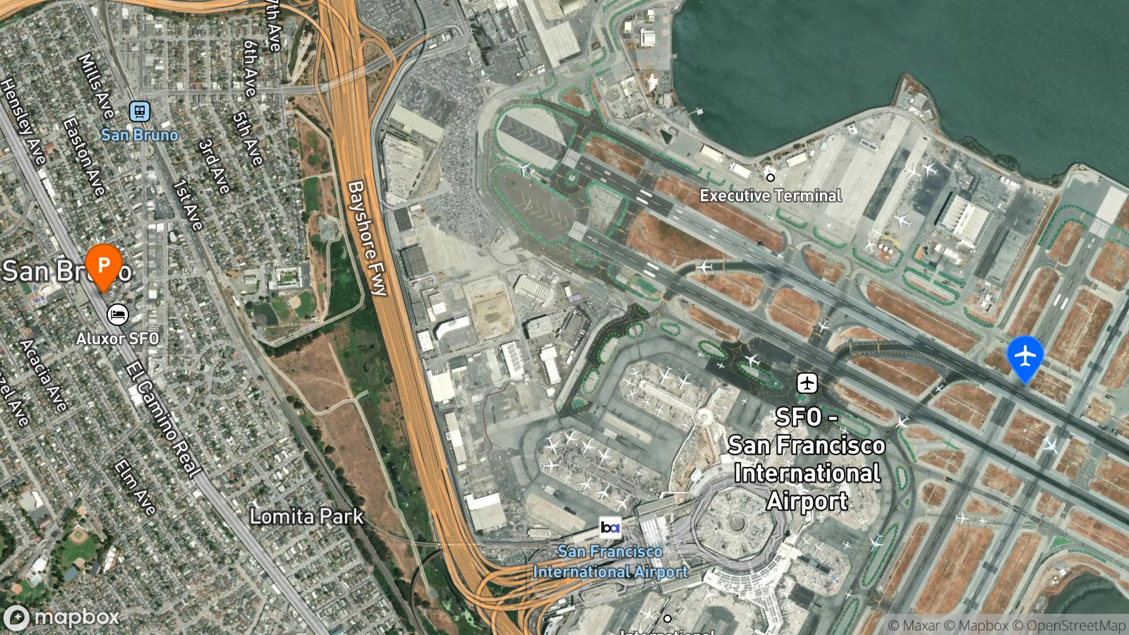 Satellite view of hotel and SFO airport