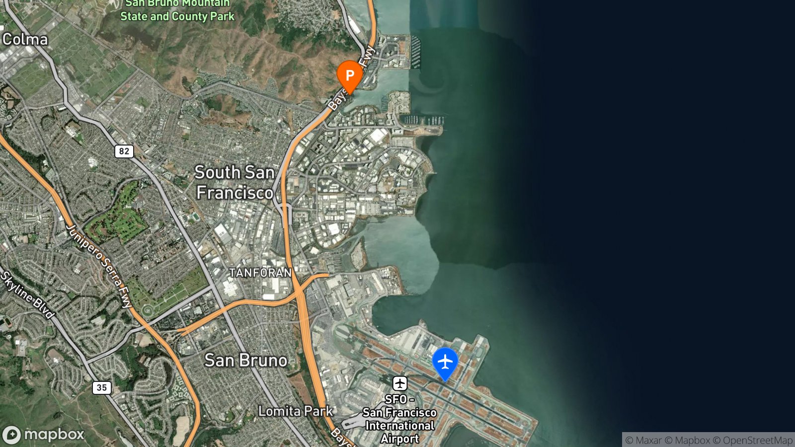 Satellite view of hotel and SFO airport