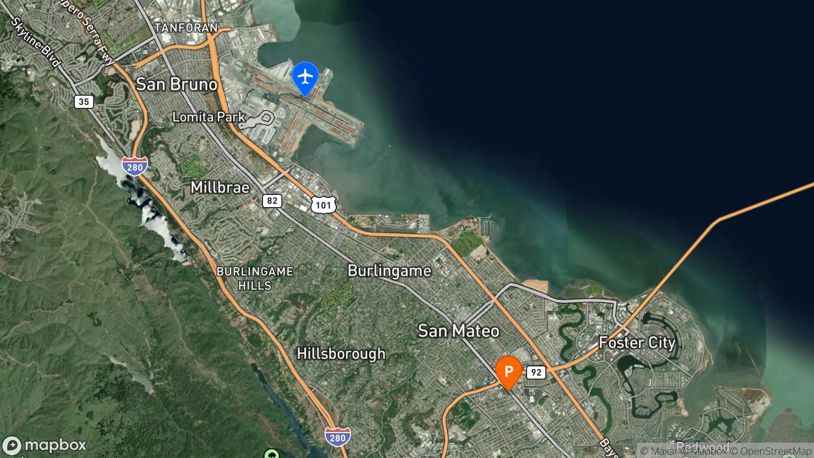 Satellite view of hotel and SFO airport