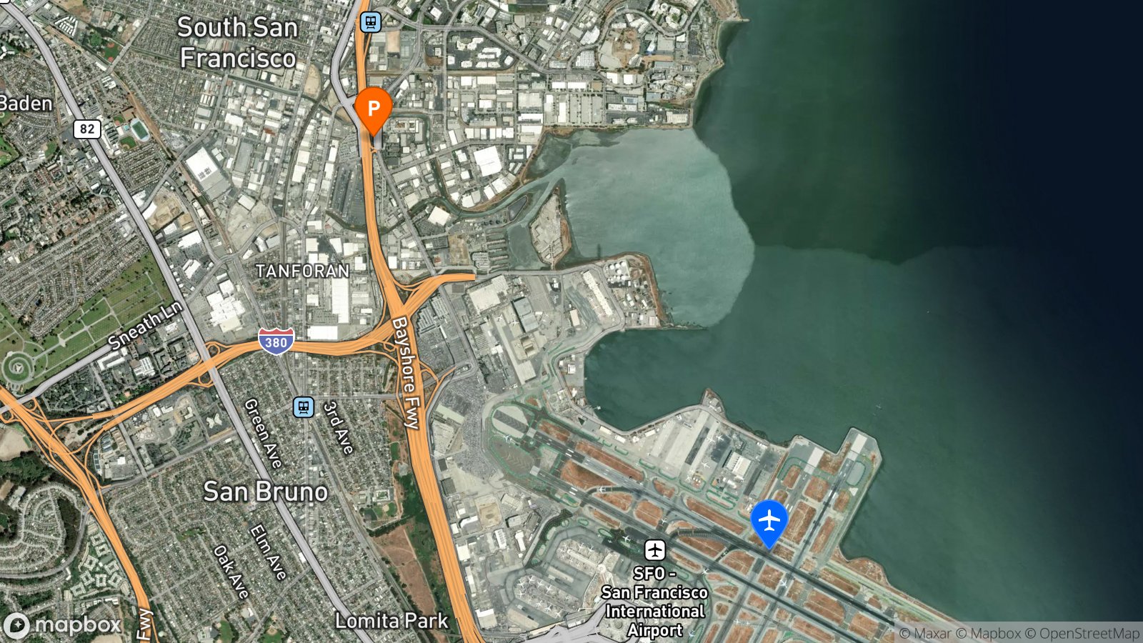 Satellite view of hotel and SFO airport