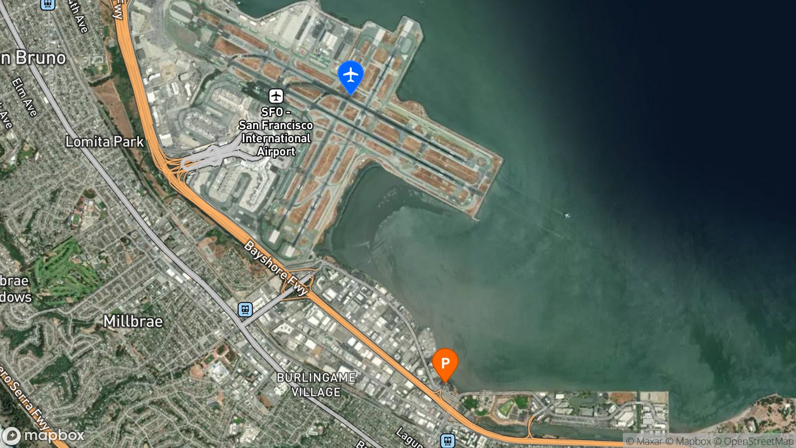 Satellite view of hotel and SFO airport