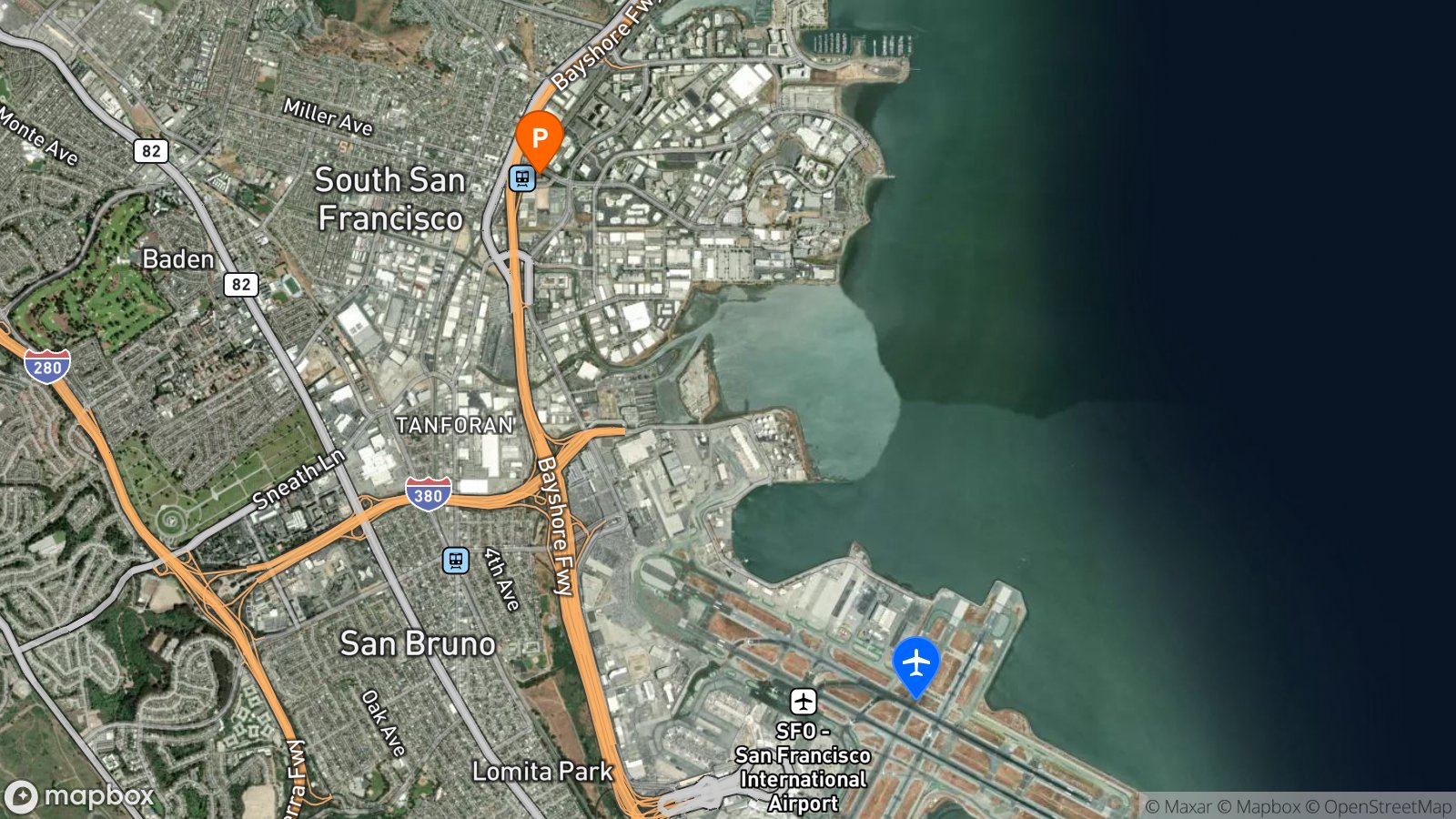 Satellite view of hotel and SFO airport