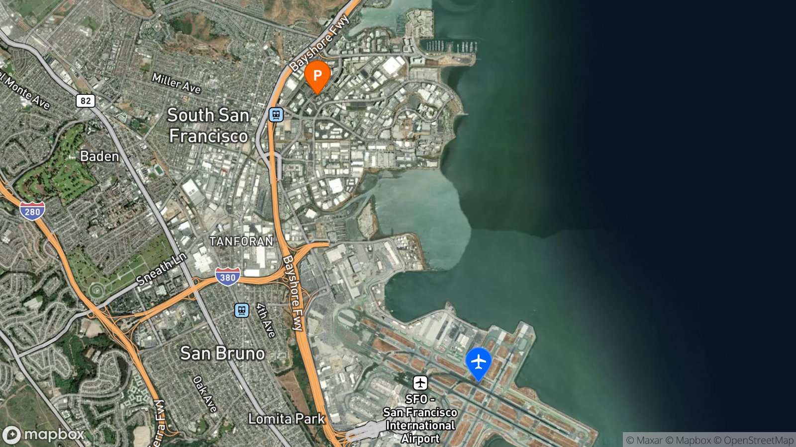 Satellite view of hotel and SFO airport