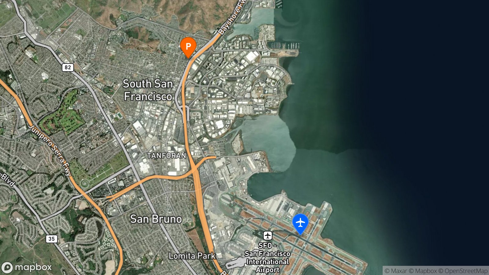 Satellite view of hotel and SFO airport