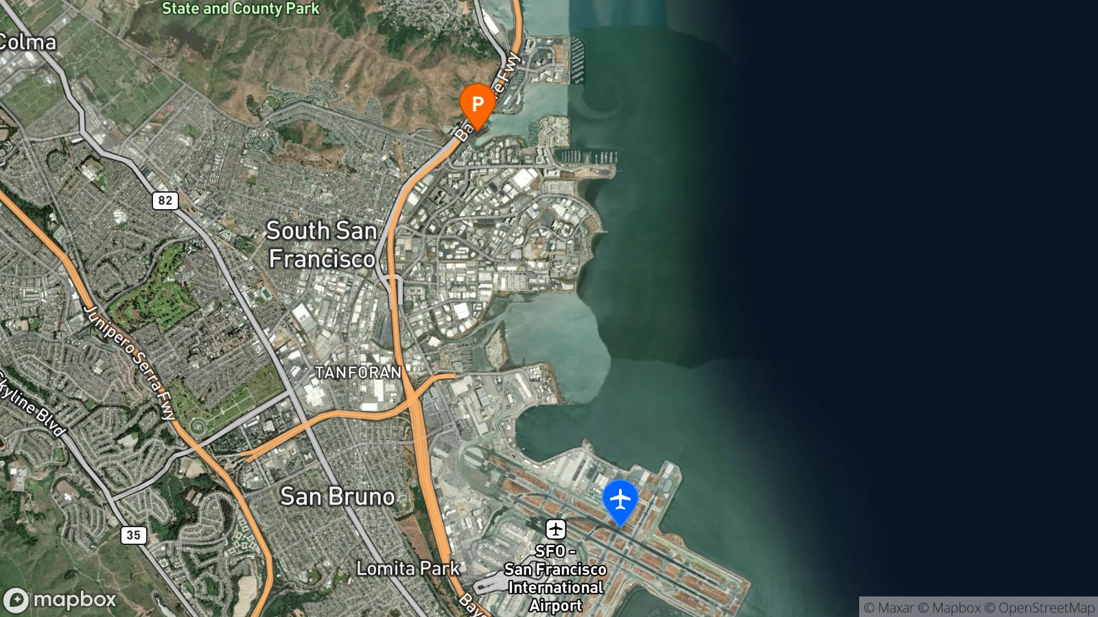 Satellite view of hotel and SFO airport