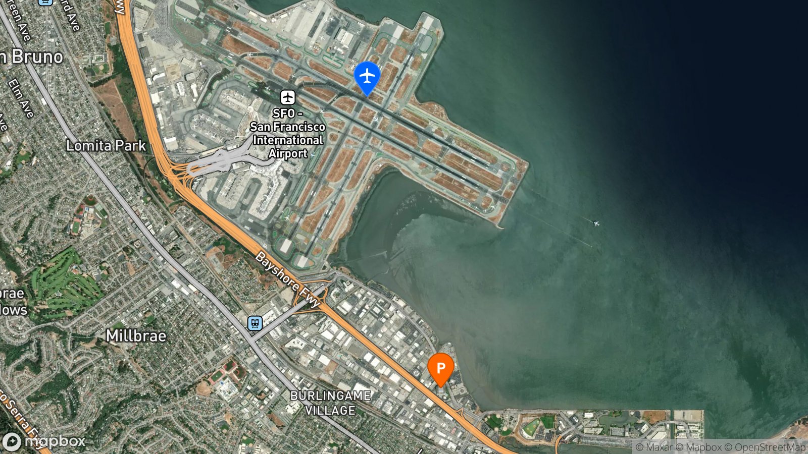 Satellite view of hotel and SFO airport