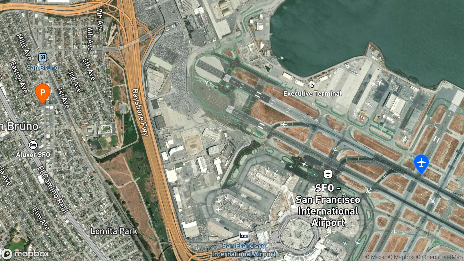 Satellite view of hotel and SFO airport