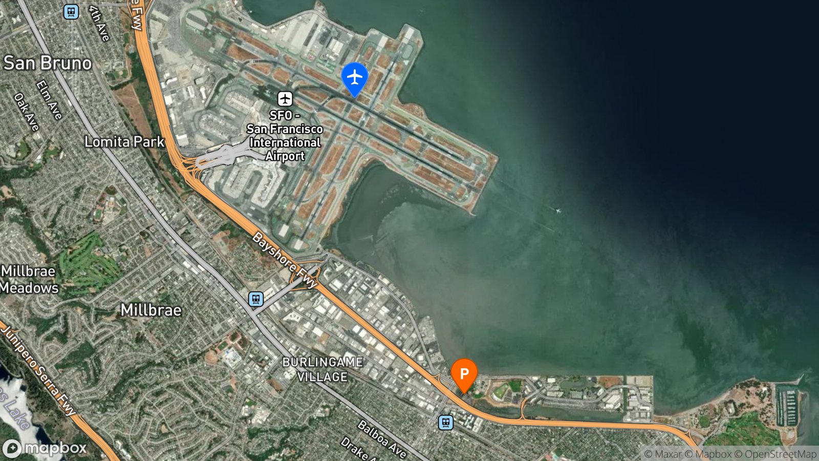 Satellite view of hotel and SFO airport