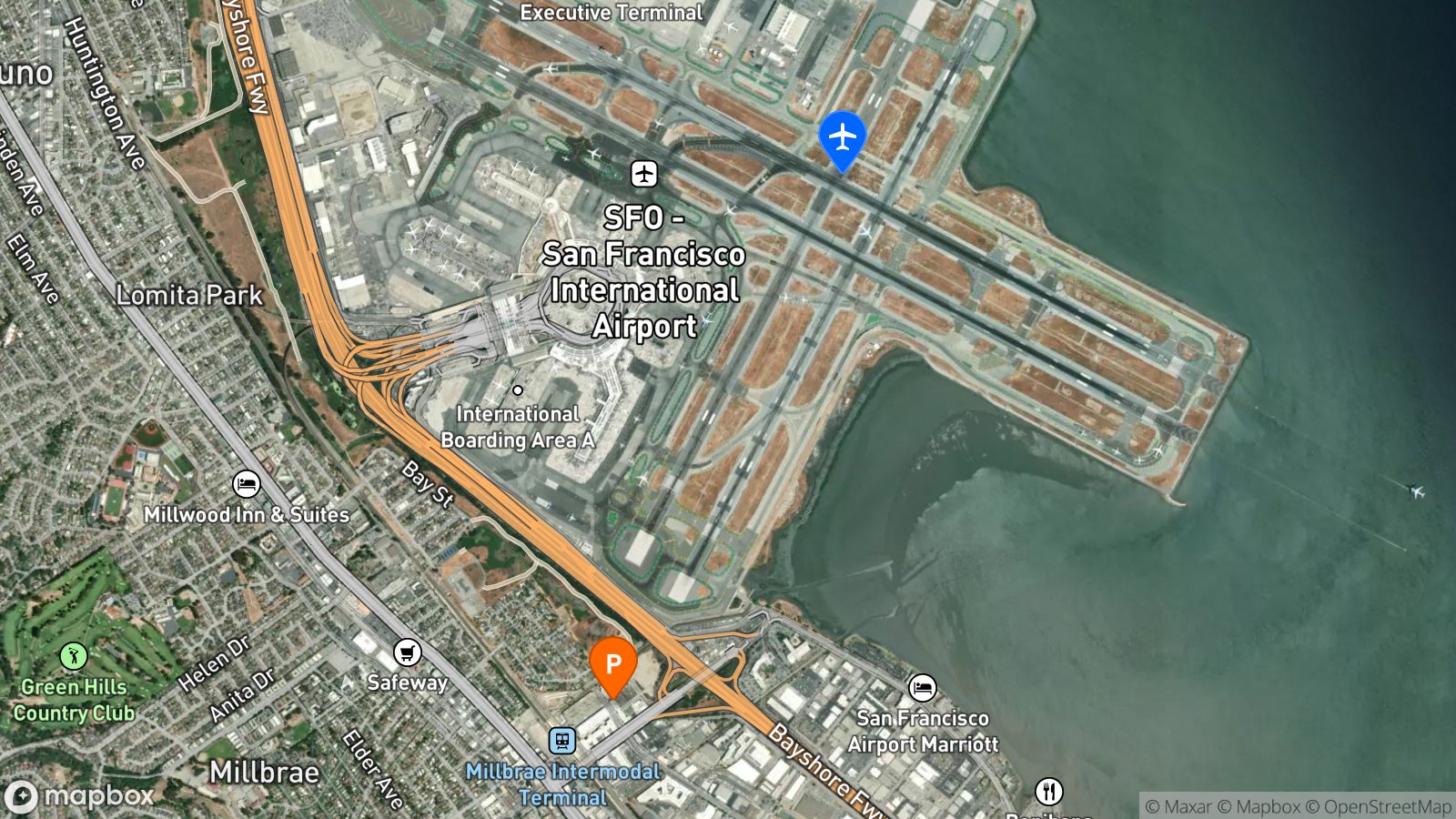 Satellite view of hotel and SFO airport
