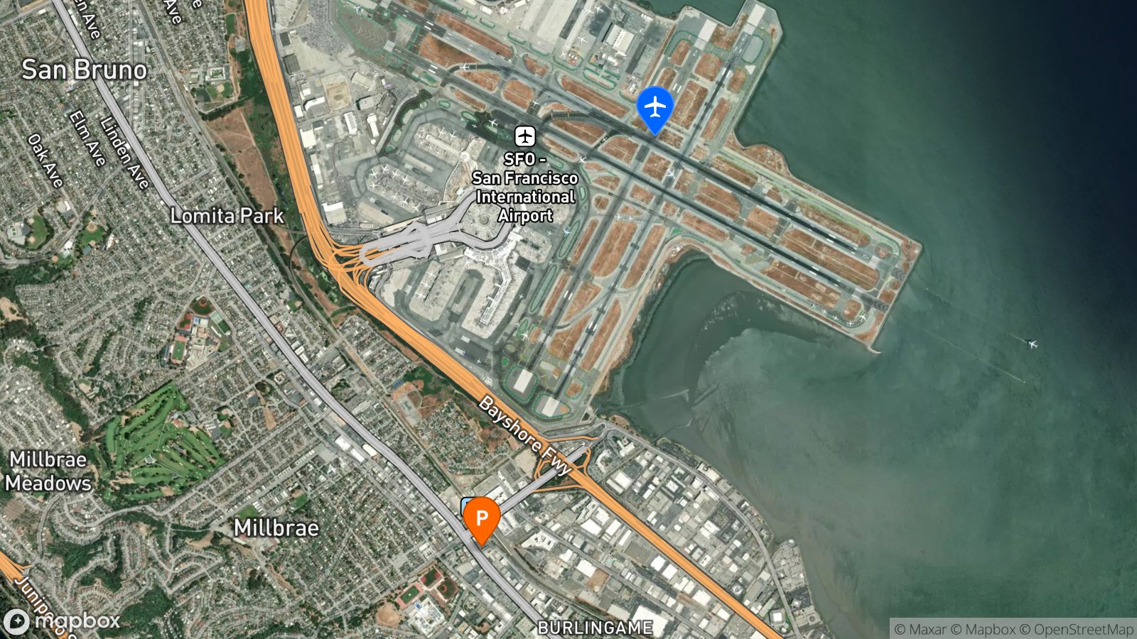 Satellite view of hotel and SFO airport