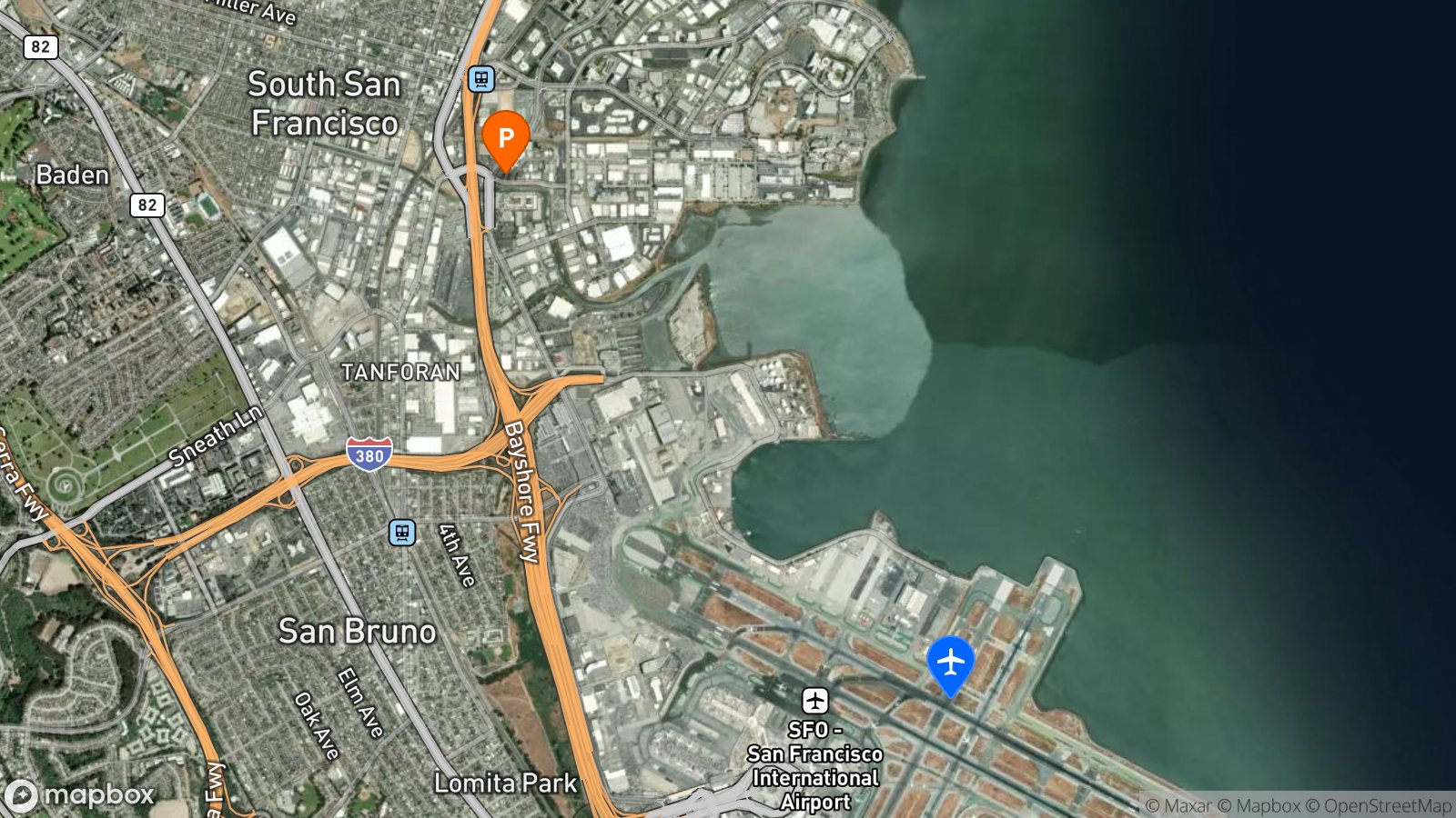 Satellite view of hotel and SFO airport