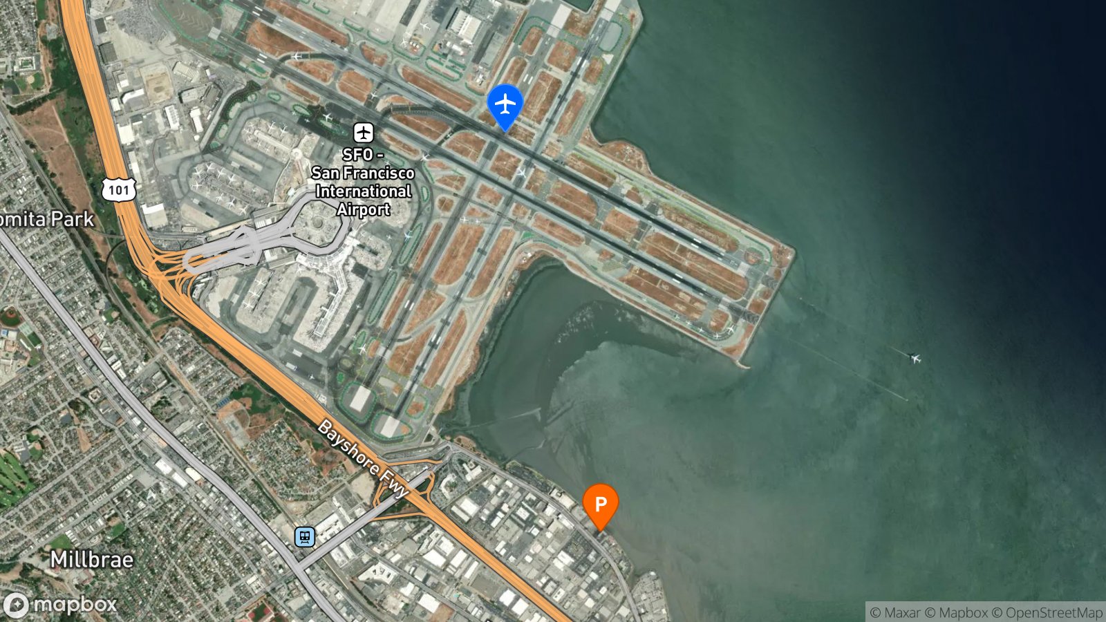 Satellite view of hotel and SFO airport