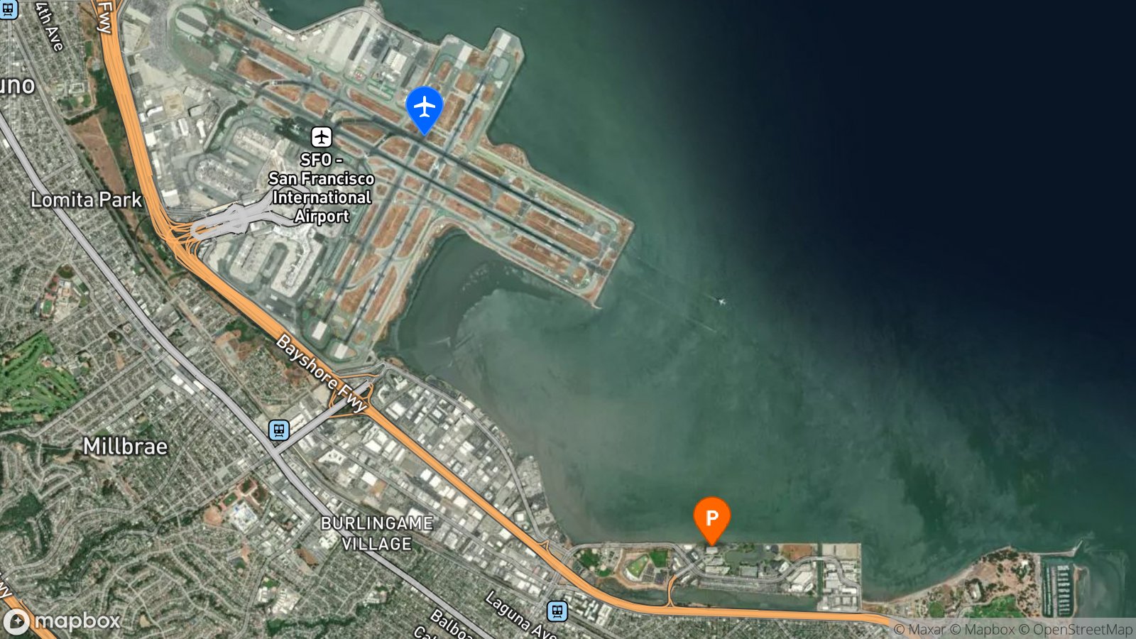 Satellite view of hotel and SFO airport