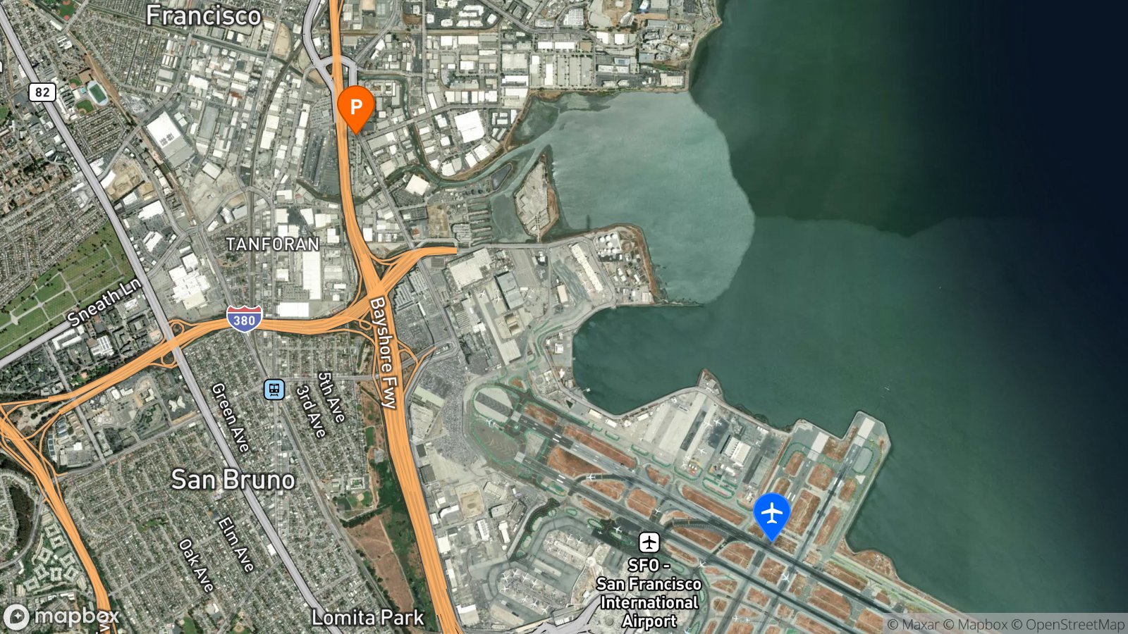 Satellite view of hotel and SFO airport