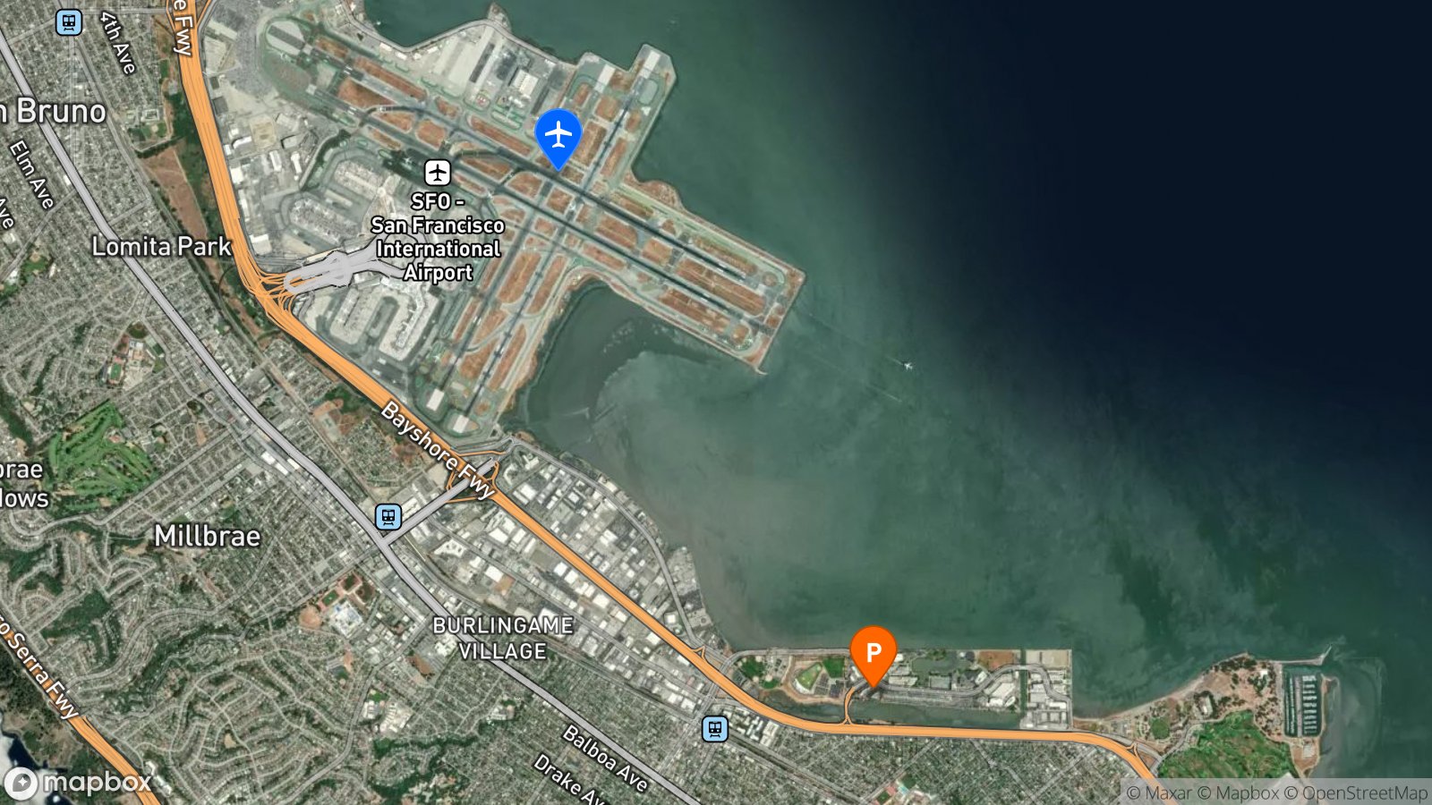 Satellite view of hotel and SFO airport