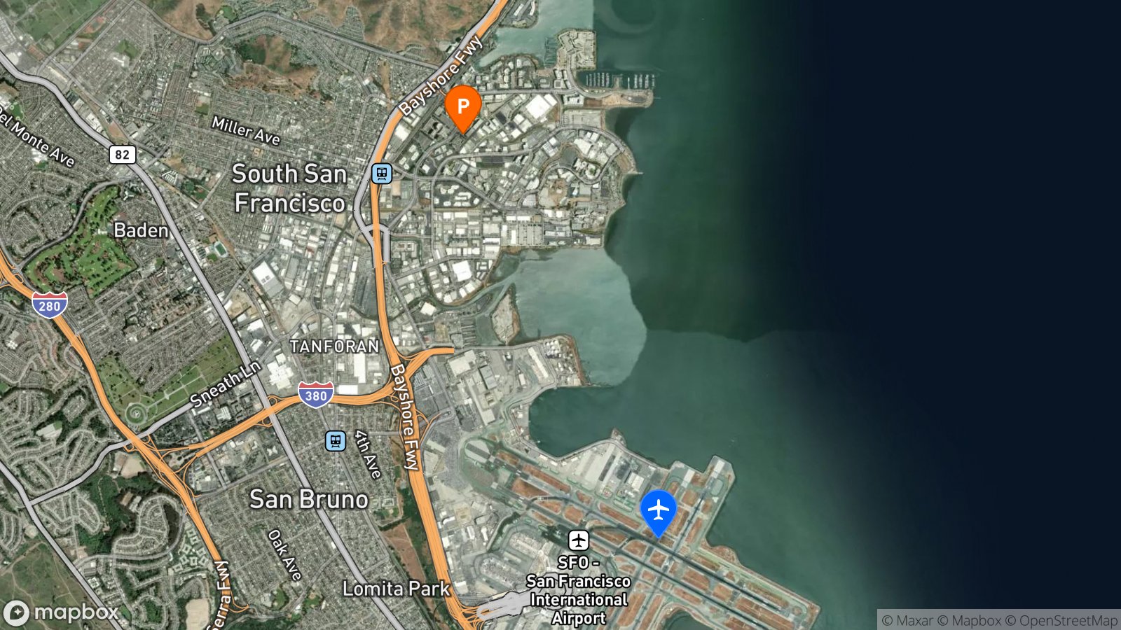 Satellite view of hotel and SFO airport