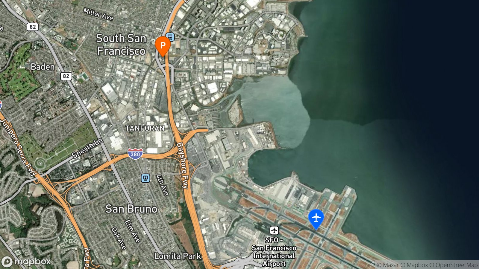 Satellite view of hotel and SFO airport