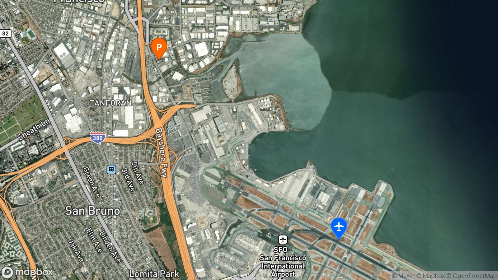 Satellite view of hotel and SFO airport