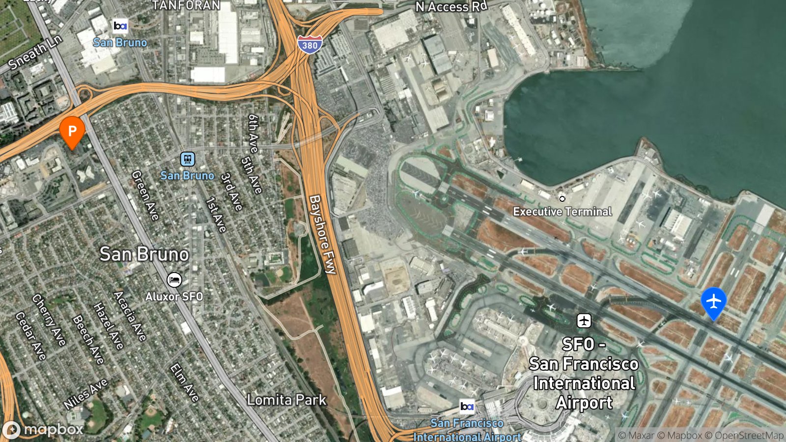 Satellite view of hotel and SFO airport