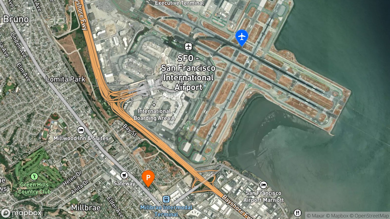 Satellite view of hotel and SFO airport