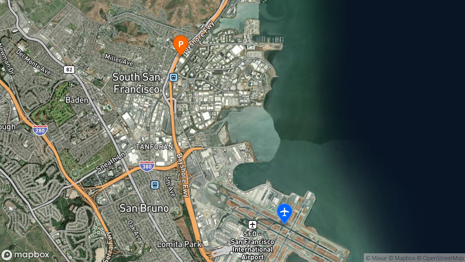 Satellite view of hotel and SFO airport