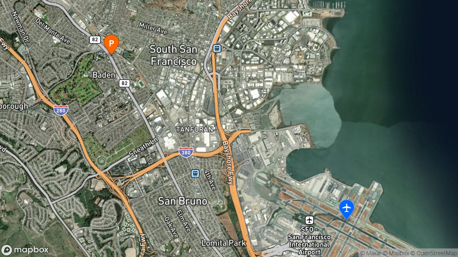 Satellite view of hotel and SFO airport