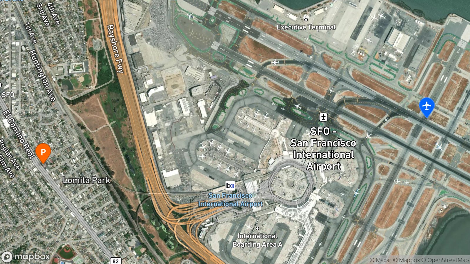 Satellite view of hotel and SFO airport