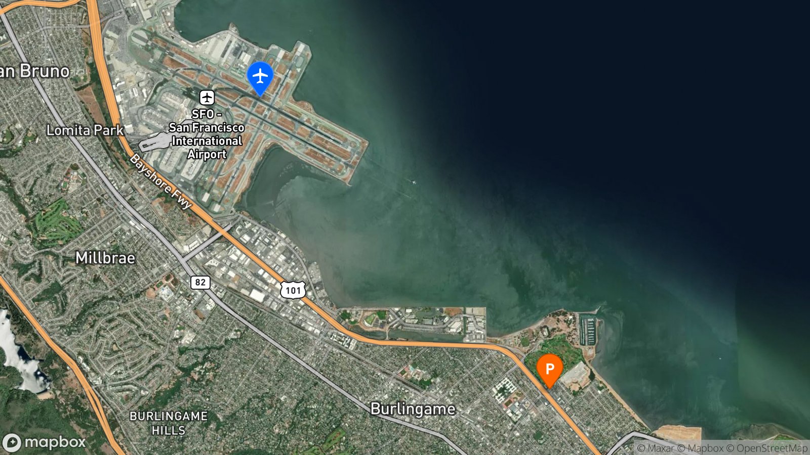 Satellite view of hotel and SFO airport