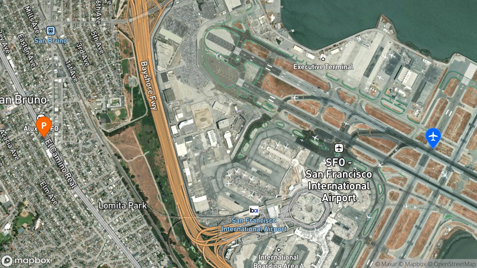 Satellite view of hotel and SFO airport