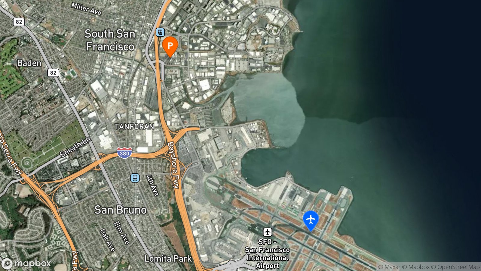 Satellite view of hotel and SFO airport