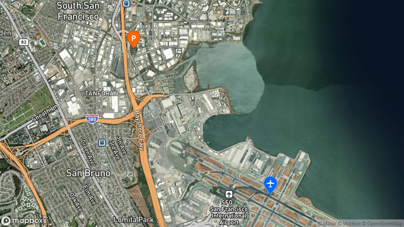 Satellite view of hotel and SFO airport