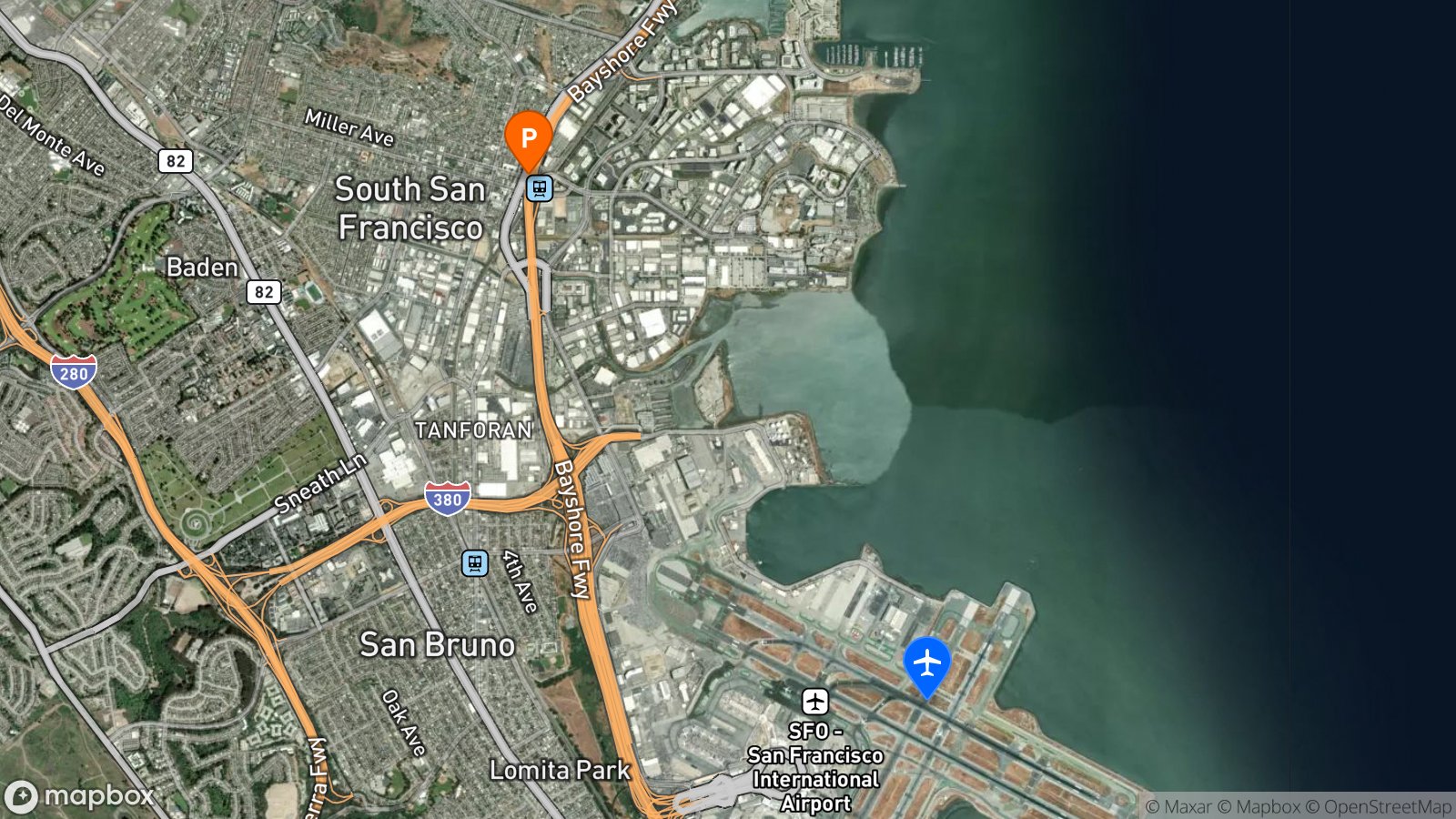 Satellite view of hotel and SFO airport