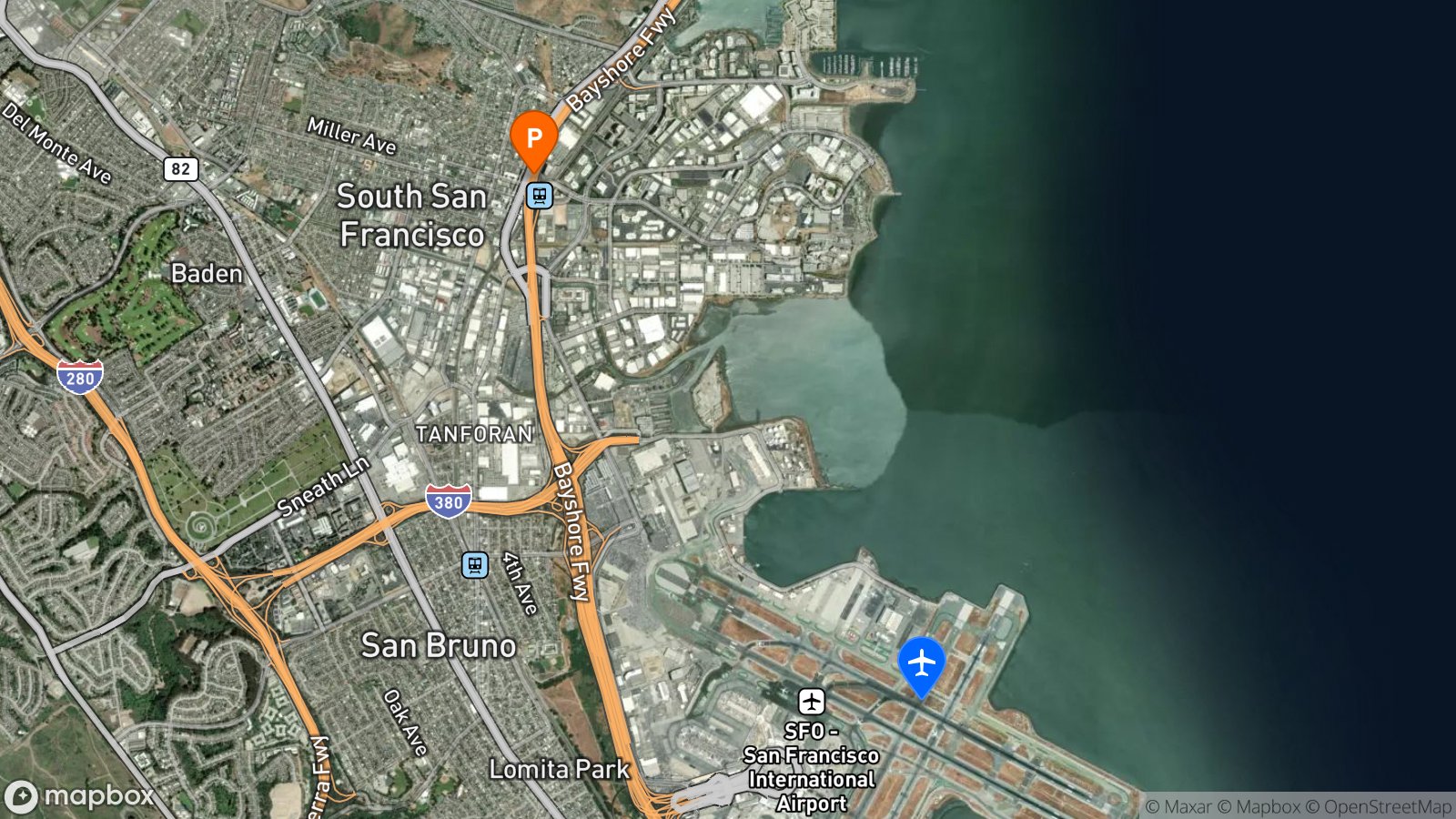 Satellite view of hotel and SFO airport