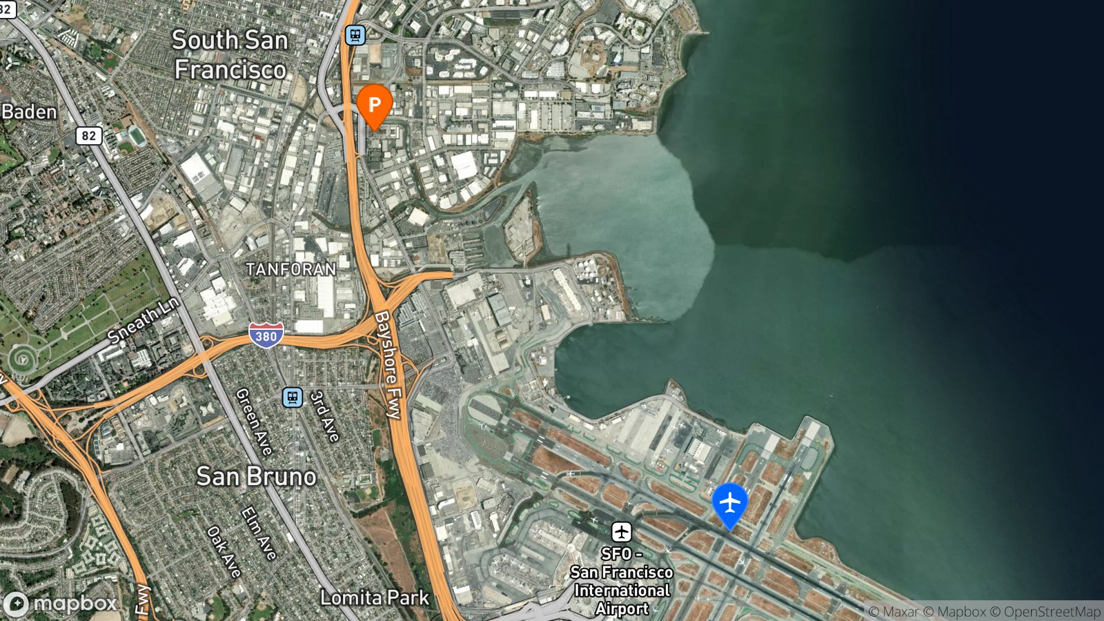 Satellite view of hotel and SFO airport