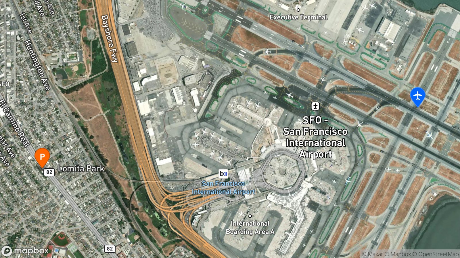 Satellite view of hotel and SFO airport