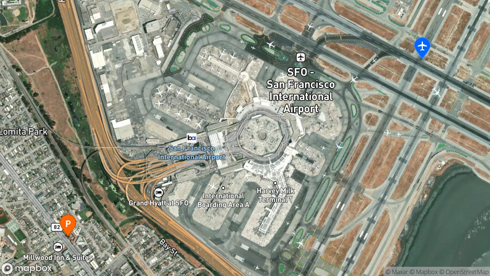 Satellite view of hotel and SFO airport