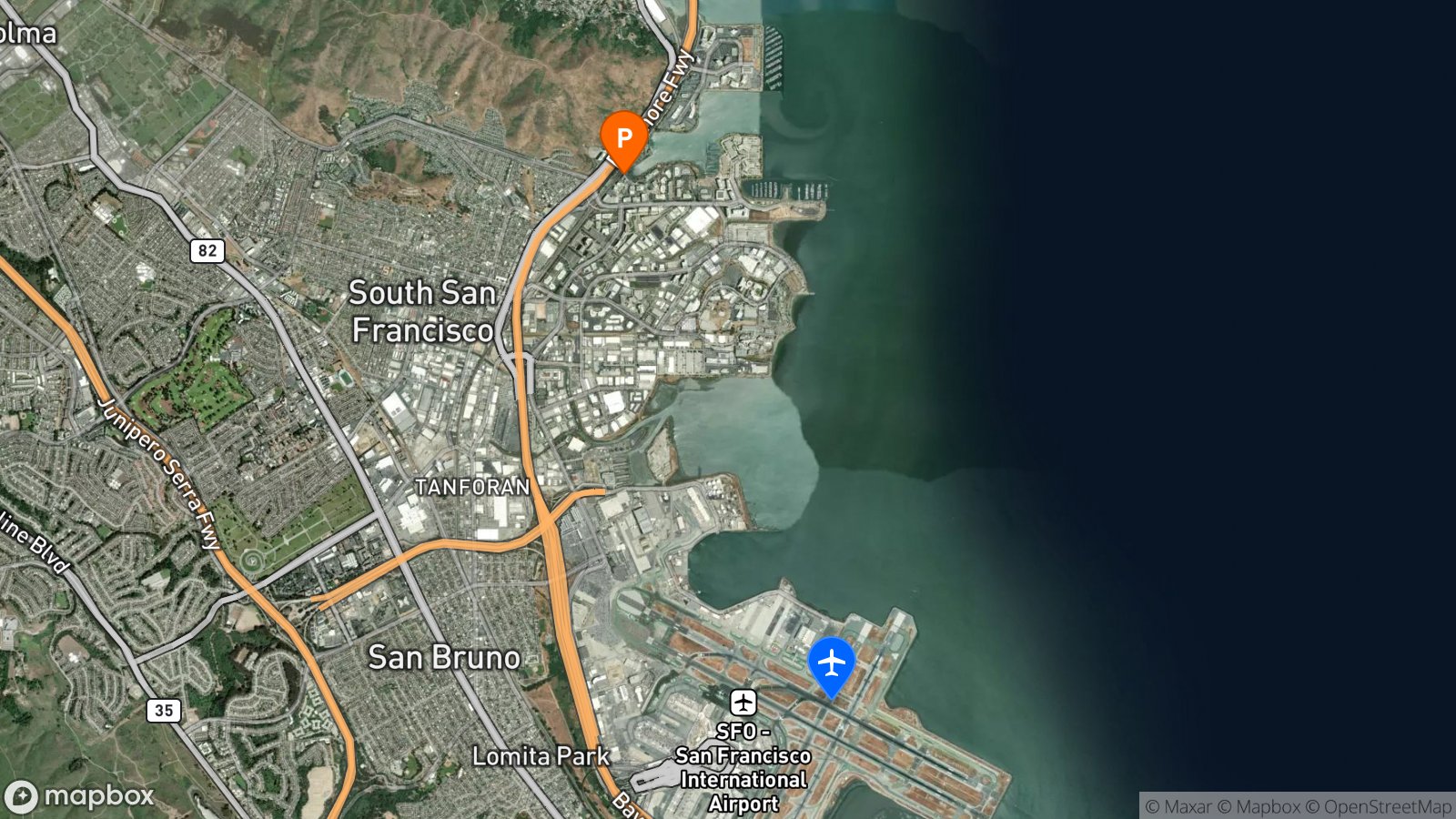 Satellite view of hotel and SFO airport