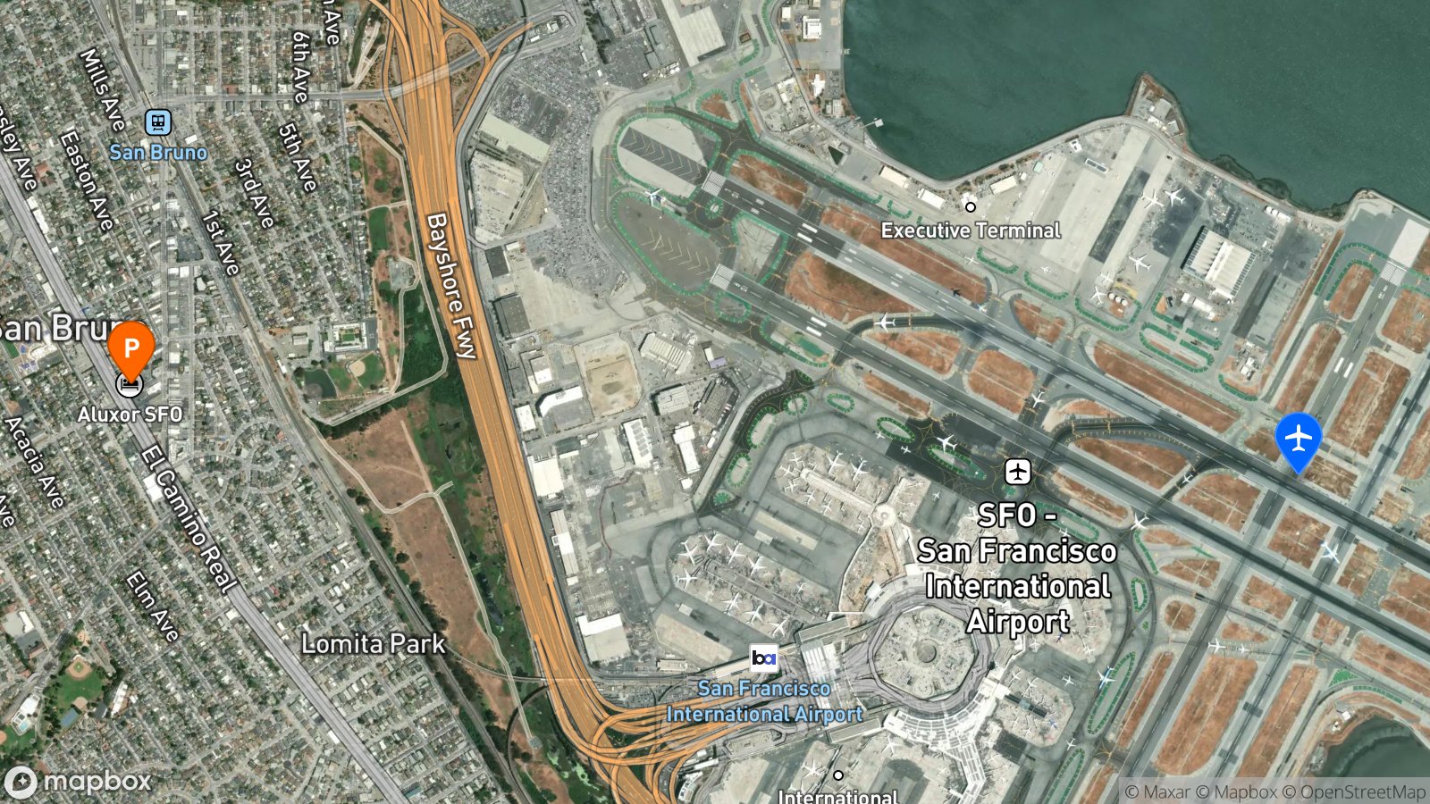 Satellite view of hotel and SFO airport