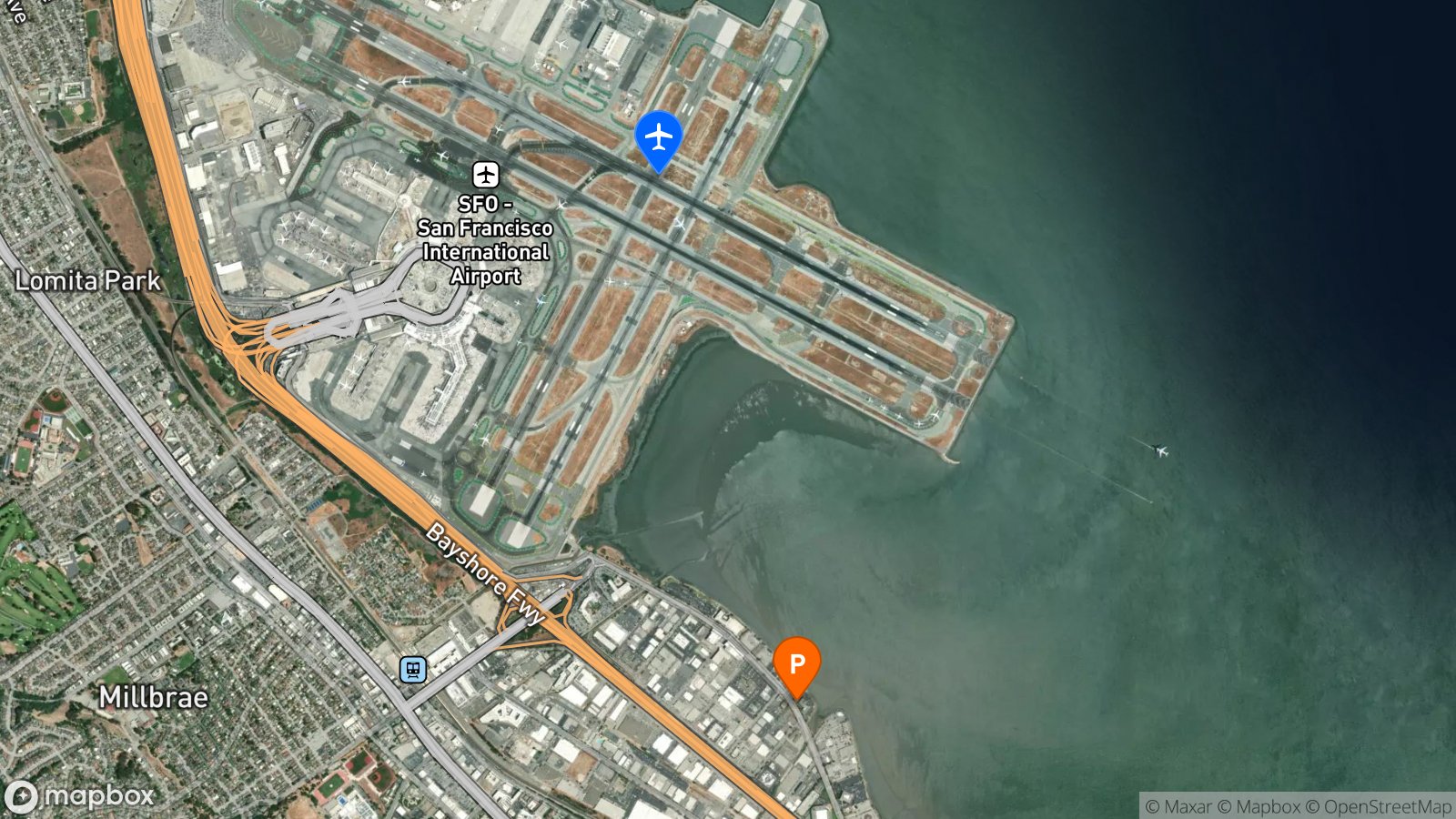 Satellite view of hotel and SFO airport