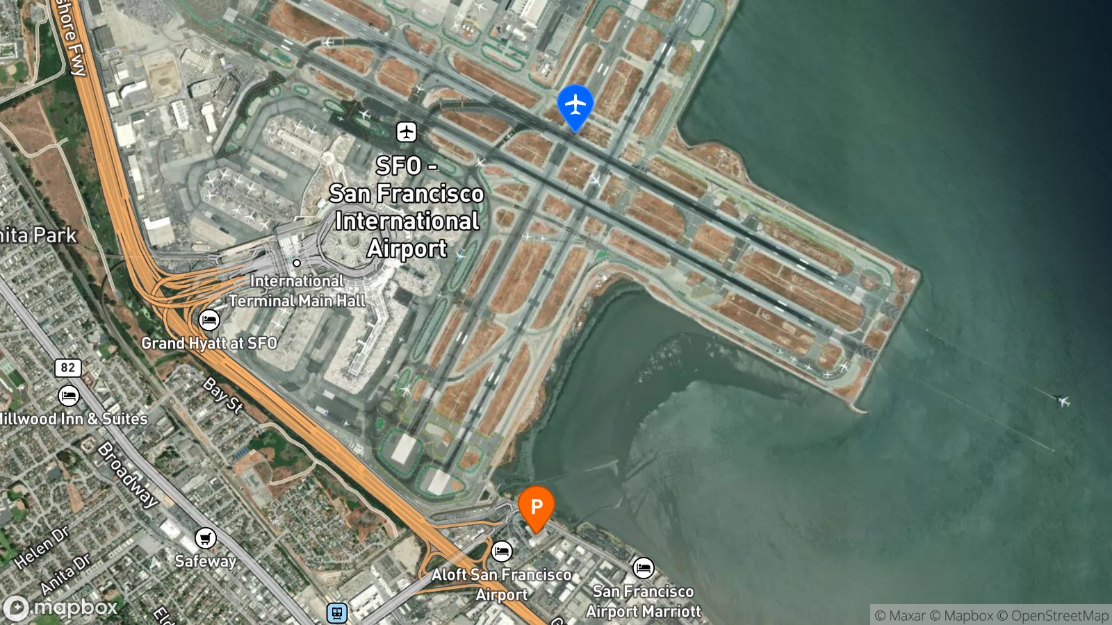 Satellite view of hotel and SFO airport