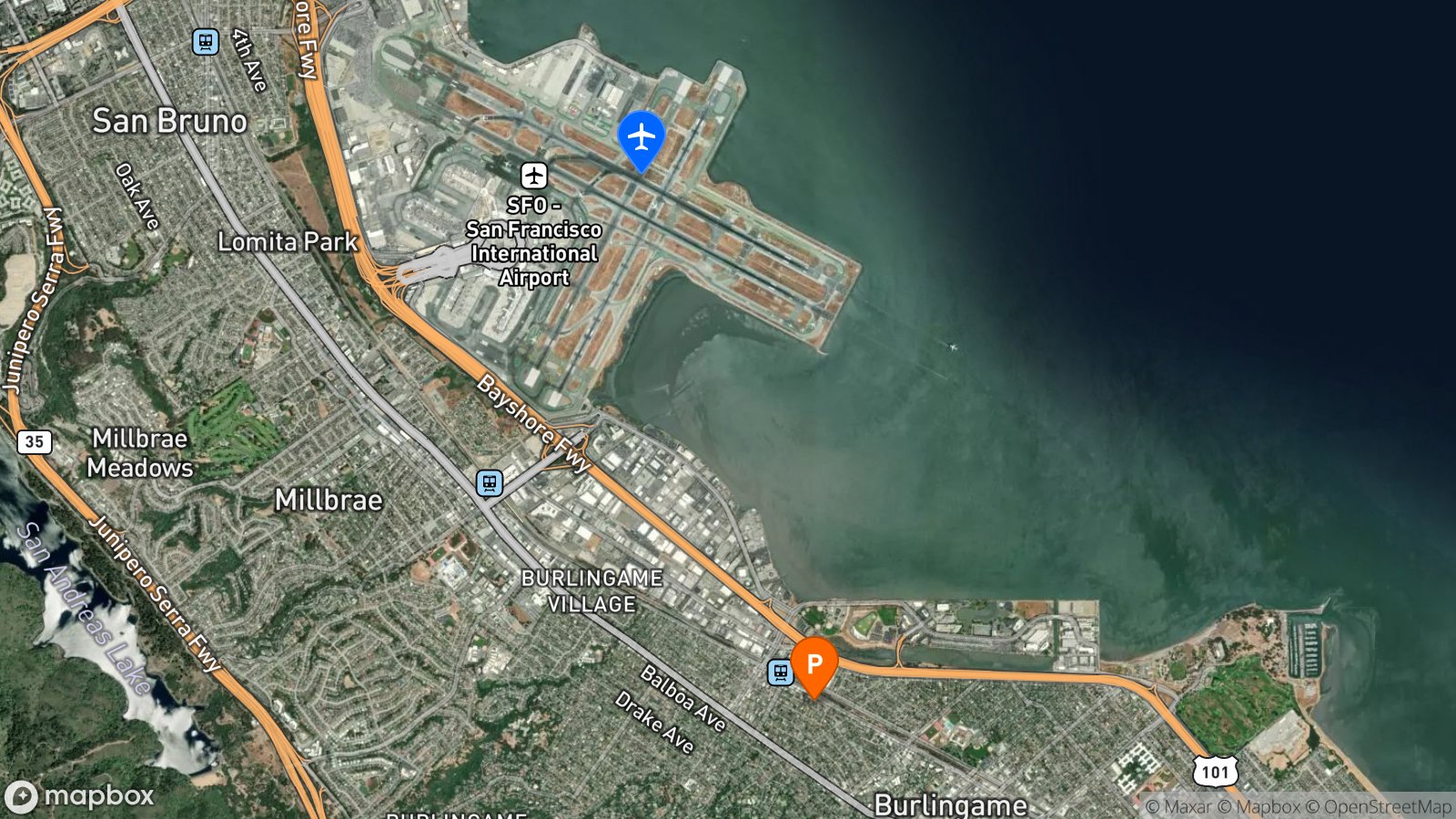 Satellite view of hotel and SFO airport