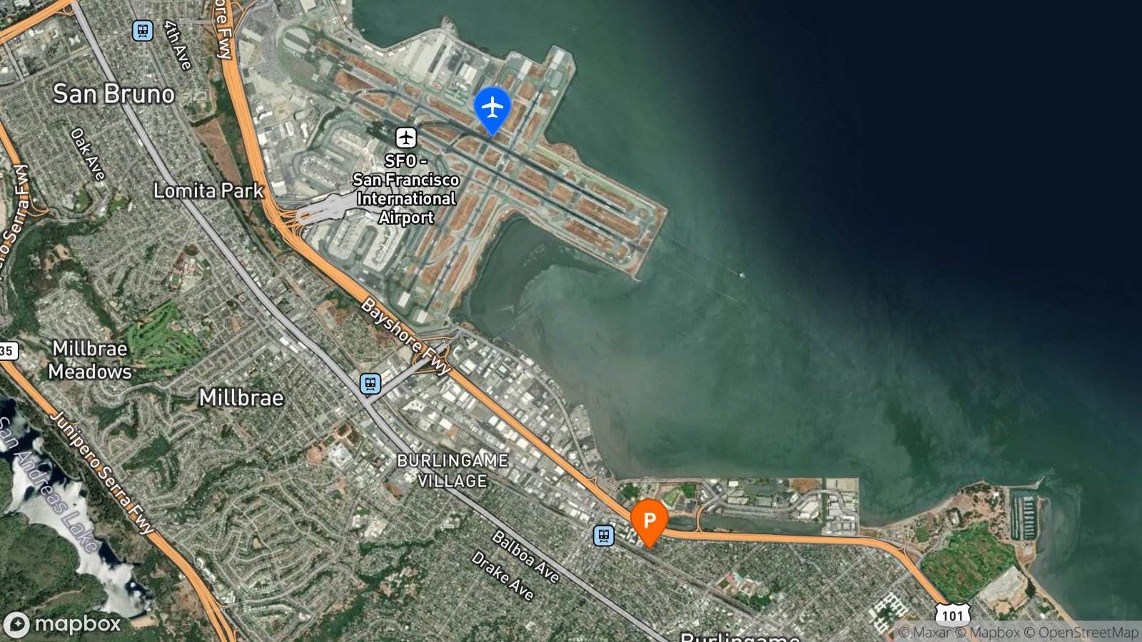 Satellite view of hotel and SFO airport
