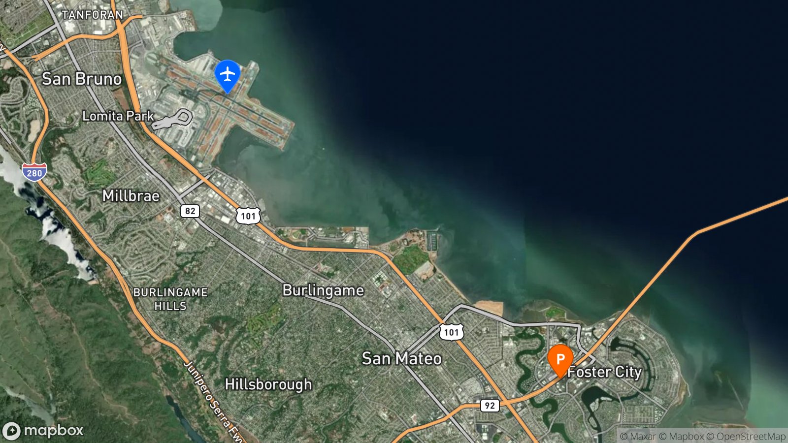 Satellite view of hotel and SFO airport