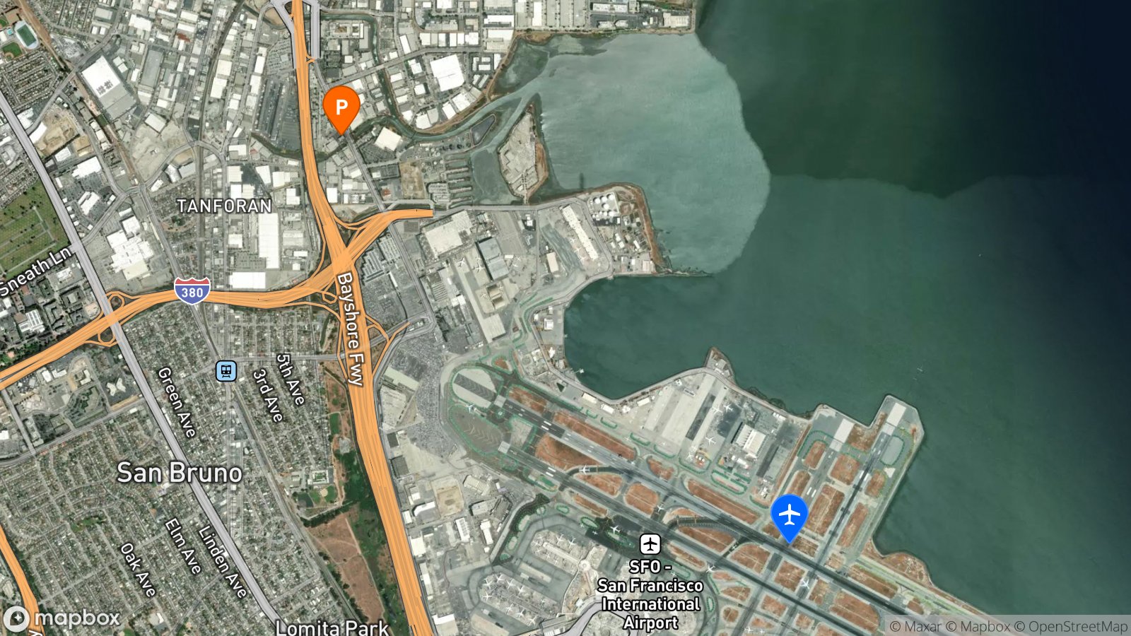 Satellite view of hotel and SFO airport