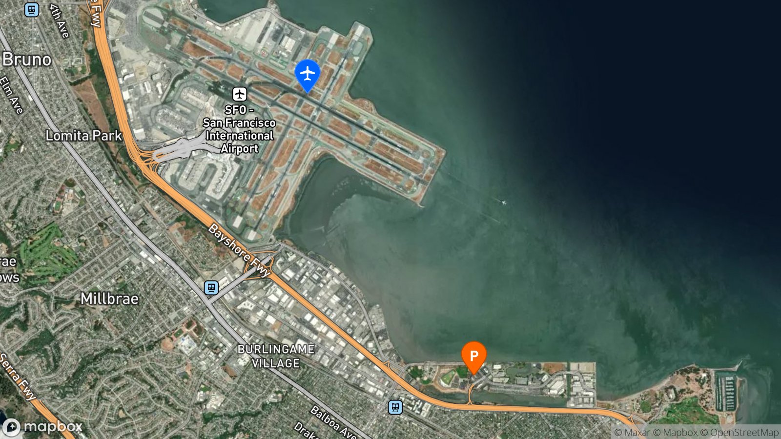 Satellite view of hotel and SFO airport