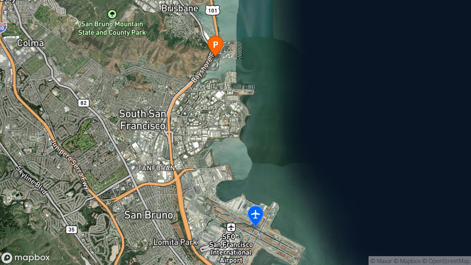 Satellite view of hotel and SFO airport