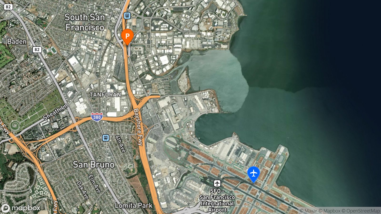 Satellite view of hotel and SFO airport