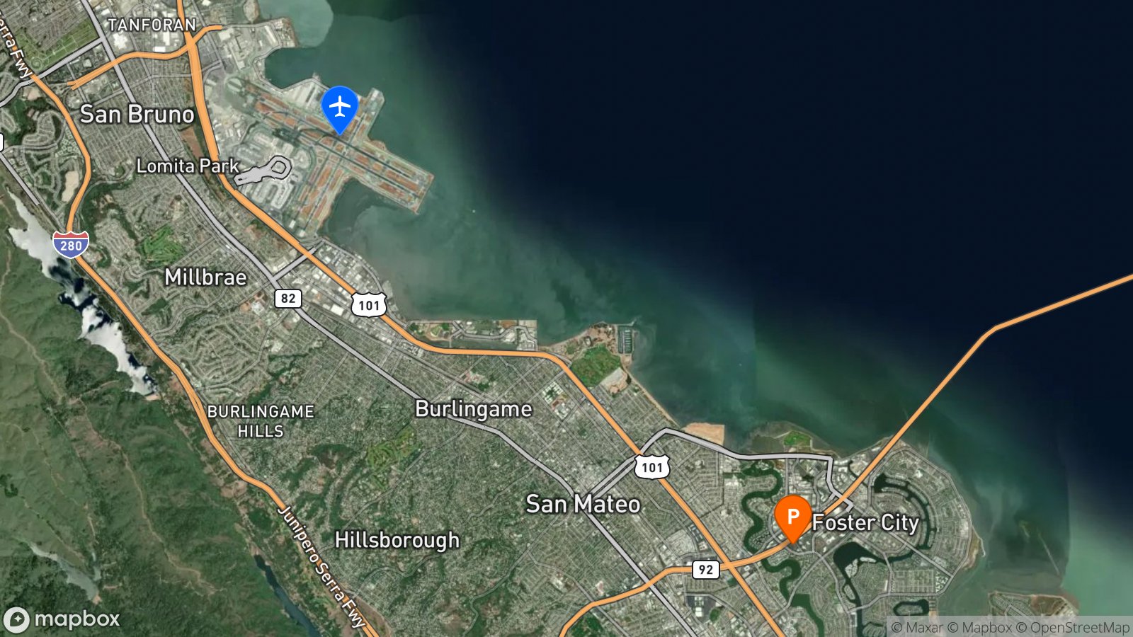 Satellite view of hotel and SFO airport