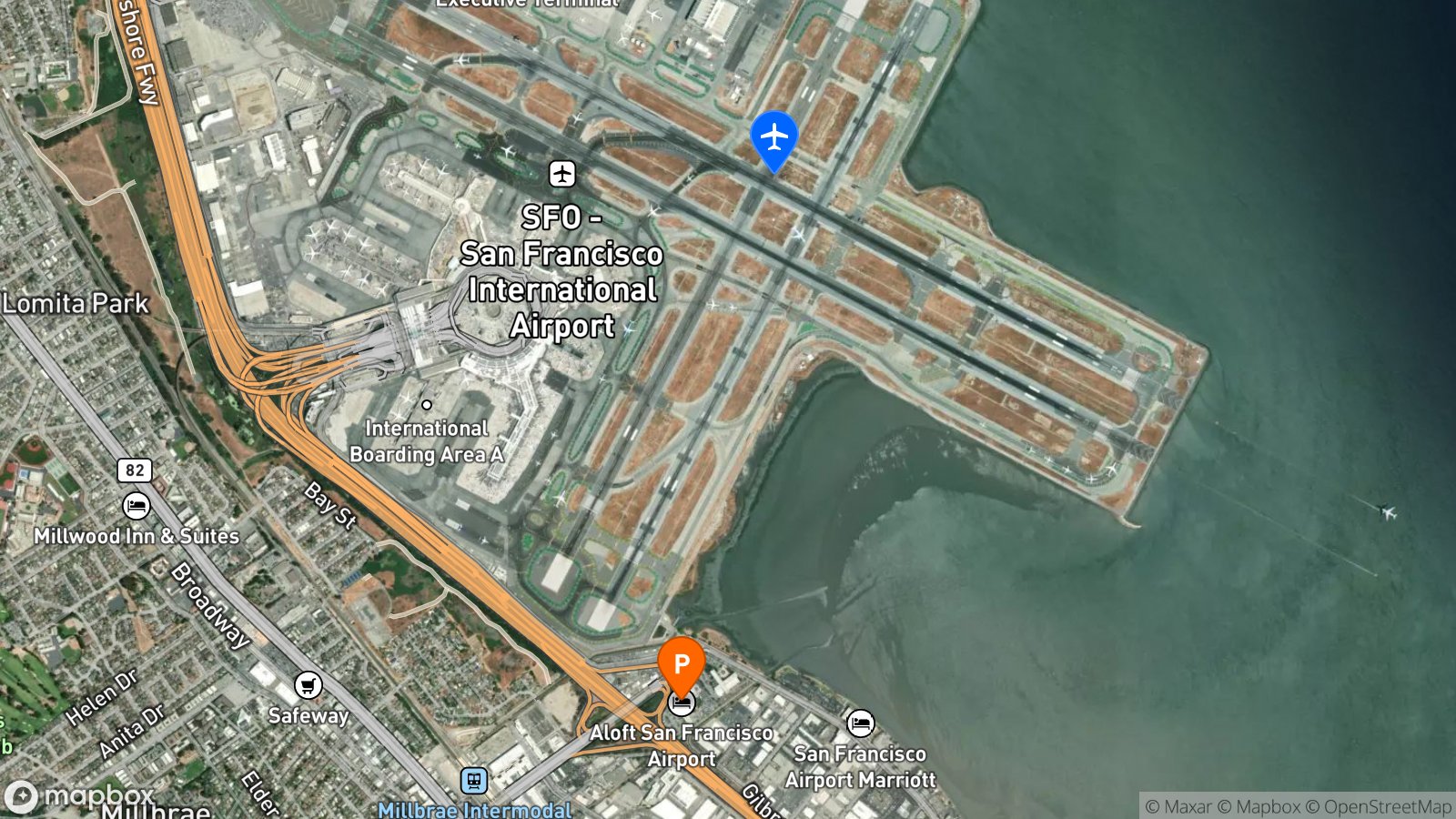 Satellite view of hotel and SFO airport